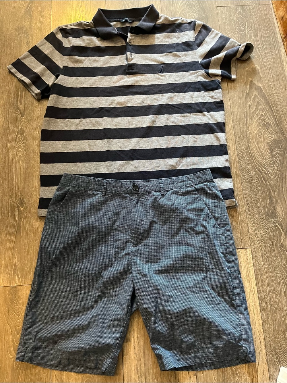 Calvin Klein Navy Men's Shorts and Nautica Striped Polo Shirt (Large)